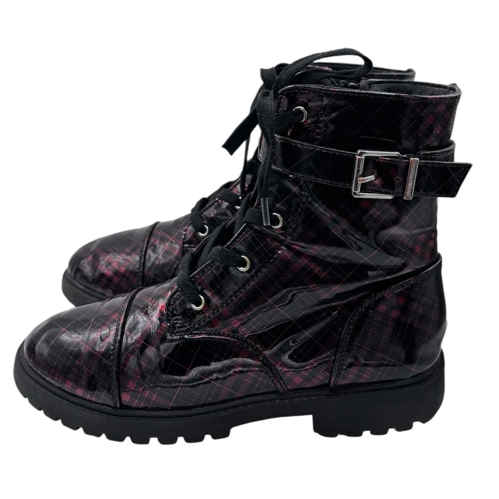 Jessica Simpson Whimsygoth Black and Red Plaid Combat Boots - Size 4